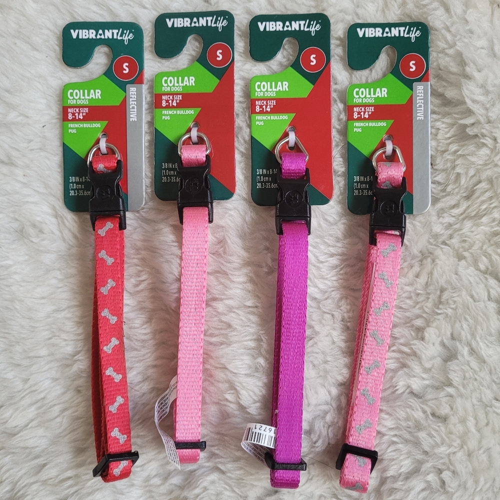 Lot 4 Vibrant Life Small Nylon Girl Dog Collars 8"-14" Reflective Bones & Solid